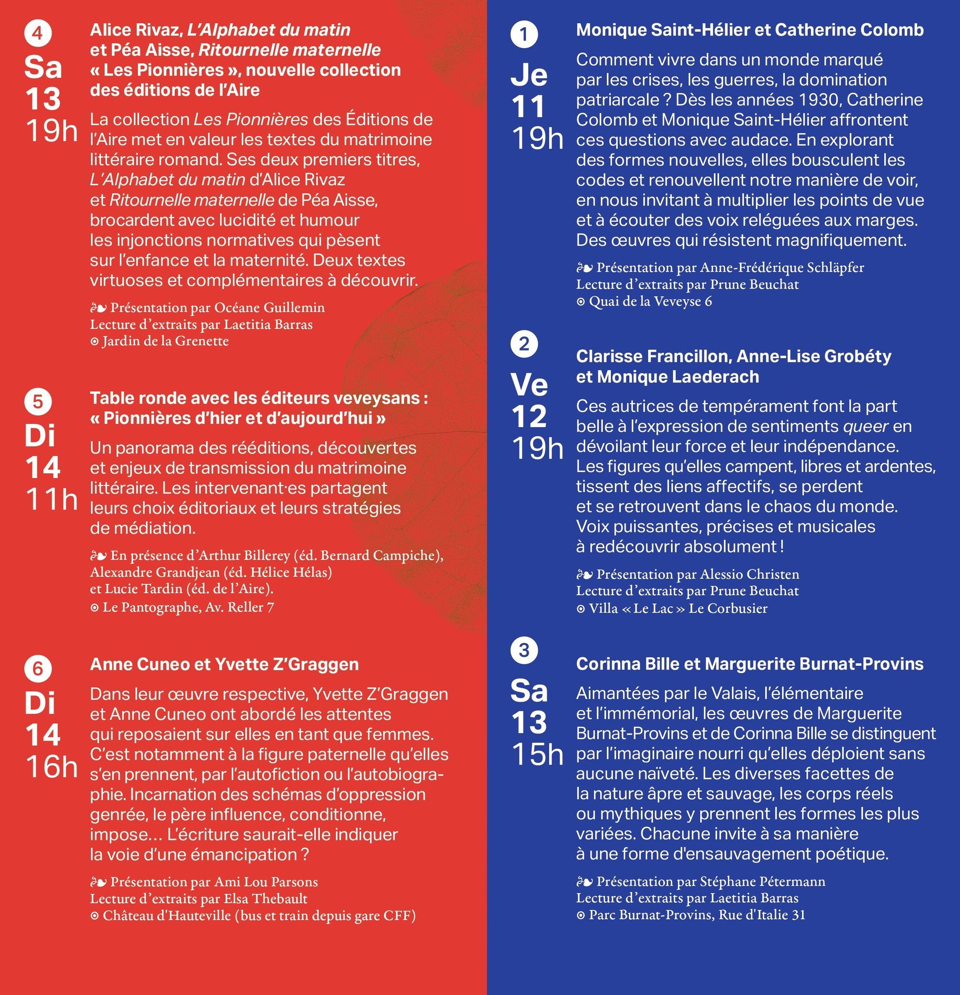 Six lieux magiques, onze auteures, des lectures et des discussions pour quatre jours de célébration de l'écriture au féminin. À vos agendas!
Programme complet: www.lesjardinsdulivre.ch
@librairielafontaine
@editionsdelaire
@bernardcampicheediteur
@trousp.tv