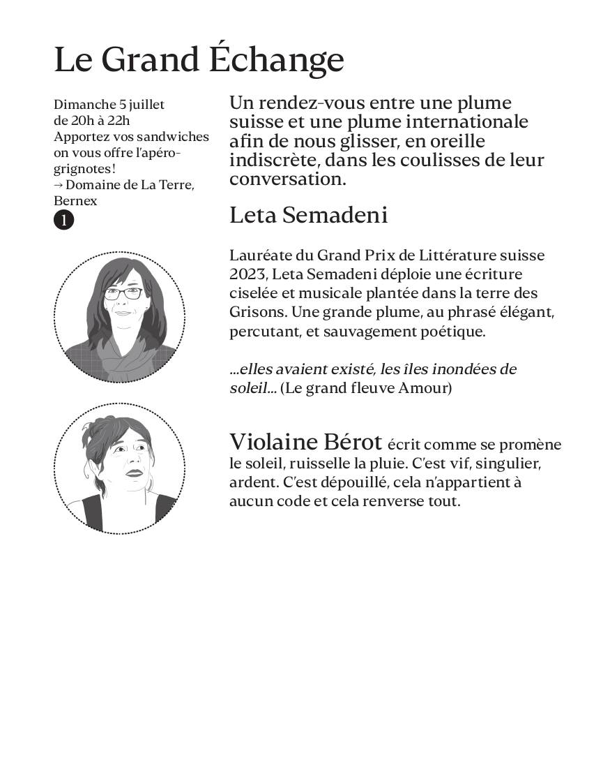 Rejoignez Leta Semadeni et Violaine Bérot le 5 juillet, pour une conversation (et un apéro) dans le cadre du Grand Juillet, le nouveau rendez-vous littéraire genevois.
Laissez-vous tenter, et passez un bel été!
@grandjuillet
@lsemadeni
@berotviolaine