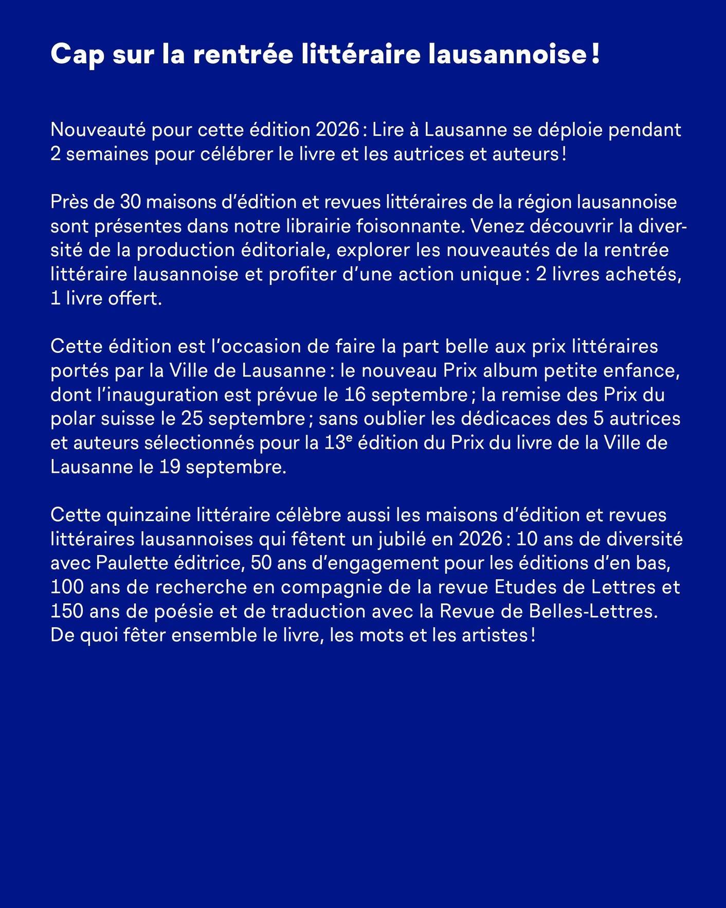 L'édition 2026 de Lire à Lausanne commence aujourd'hui!
Retrouvez tout le (très riche) programme ici sur le site de la Ville de Lausanne.
@villelausanne
#lirealausanne2026 #lirealausanne