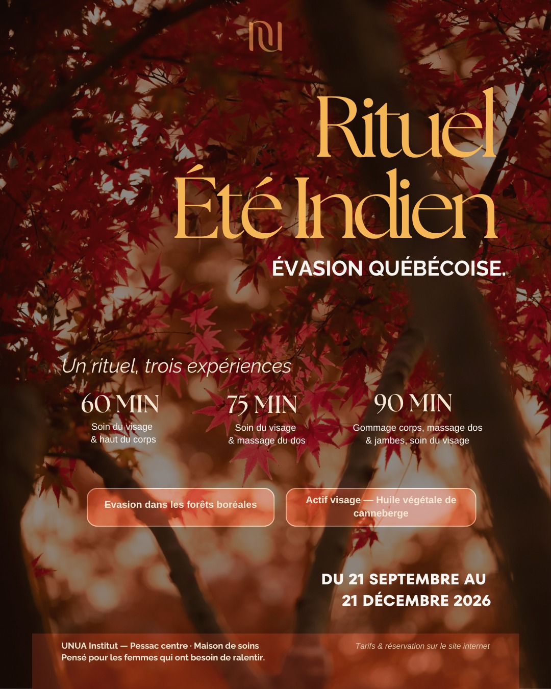 Il y a une odeur que je n'ai jamais oubliée : celle de Montréal au Québec en octobre, quand l'air se refroidit d'un coup et que les feuilles craquent sous les pas. J'y ai vécu deux ans. Chaque année, à cette période, elle me revient.
Cette année, je l'ai fait entrer dans l'institut.
Le Rituel Été Indien, c'est cette sensation-là : l'odeur des érables, l'air frais qui chatouille le nez, les forêts qui prennent une couleur de feu — et la canneberge, cette petite baie emblématique excellente à manger mais aussi un actif star du soin visage. Antioxydante, elle réveille l'éclat et exfolie en douceur.
Trois façons de le vivre, à votre rythme :
60 min — soin du visage & haut du corps — 108€
75 min — soin du visage & massage du dos — 135€
90 min — gommage corps, massage dos & jambes, soin du visage — 160€
Et parce que je veux vous le faire découvrir sans attendre : du 21 septembre au 10 octobre 2026, découvrez-le au prix de 95€ / 125€ / 155€.
Comme toujours chez UNUA : une seule cliente à la fois, du linges lavables, des soins pensés avec des marques naturelles et locales.
Rituel disponible jusqu'au 21 décembre. Réservation sur le site, lien en bio.
🌿UNUA, maison de soin, pensé pour les femmes qui ont besoin de ralentir 🌿
📍 Pessac centre
#pessac #bordeaux #massagevisage #liftingnaturel #soinvisage #institutpessac #rituelautomne #eteindien #instituteco #soinprivatif