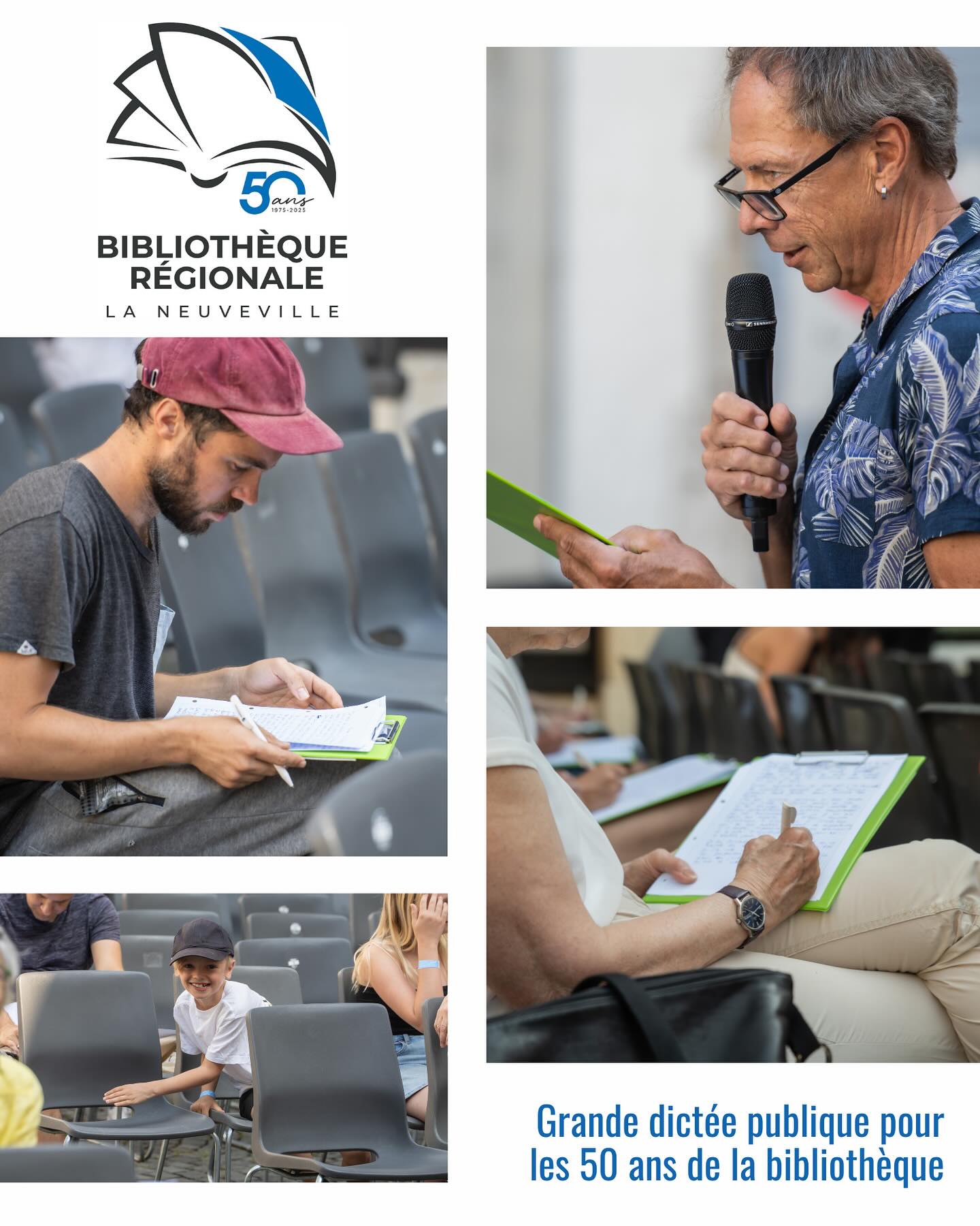 🎉 50 ans, et toujours autant d’amour pour les mots et la lecture! 📚✨
Samedi 16 août, vous étiez nombreuses et nombreux à participer à notre grande dictée publique sur la place de la Liberté. Un texte unique, rédigé pour l’occasion par Michaël Bloch et lu par Christophe Gutzwiller. Un vrai moment de complicité, de culture et de rires, sous un soleil radieux ☀️
🥂 Merci à toutes et tous pour votre présence! Un merci tout particulier à Jean-Louis Bloch, président de notre association, pour l’organisation de cette fête mémorable. Vous avez prouvé à quel point votre bibliothèque compte dans la vie de La Neuveville 💛
📖 Rendez-vous pour les 50 prochaines années d’histoires partagées…
📸 @cyrillemotion (retrouvez d’autres images de la manifestation sur notre site internet!)
#LaNeuveville #Bibliothèque #50ans #Jubile #DictéePublique #Culture #Lecture #BibliothequeLaNeuveville
