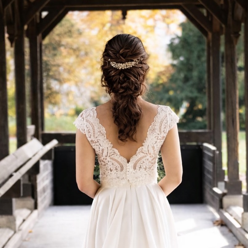 Für diese wunderschöne Braut durfte ich eine elegante, halb offene Frisur mit weichen Wellen u....