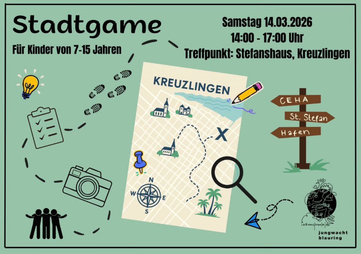 Liebe Eltern 🌟
Am Samstag, 14.03.2026 findet unser nächster Scharanlass statt: ein spannendes Stadtgame durch Kreuzlingen! 🗺️
Treffpunkt ist um 14:00 Uhr beim Stefanshaus in Kreuzlingen. Das Spiel dauert bis ca. 17:00 Uhr. ⏰
Die Kinder erwartet ein abwechslungsreicher Nachmittag mit Rätseln, Bewegung und ganz viel Spass in der Stadt! 🎯
Alle wichtigen Infos findet ihr auch nochmals im Flyer obenstehenden Flyer. 📌
Wir freuen uns auf viele motivierte Kinder und einen tollen gemeinsamen Nachmittag!🥳
Euer Jubla Kreuzlingen💙