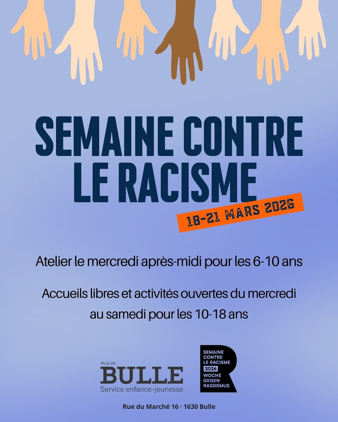 Semaine contre le racisme 🤜🏼🤛🏾
Viens discuter des stéréotypes, préjugés, respect, et participer à différentes activités dans une ambiance conviviale!
📍Centranim
🗓️ 18-21 mars 2026
👥 6-10 ans et 10-18 ans