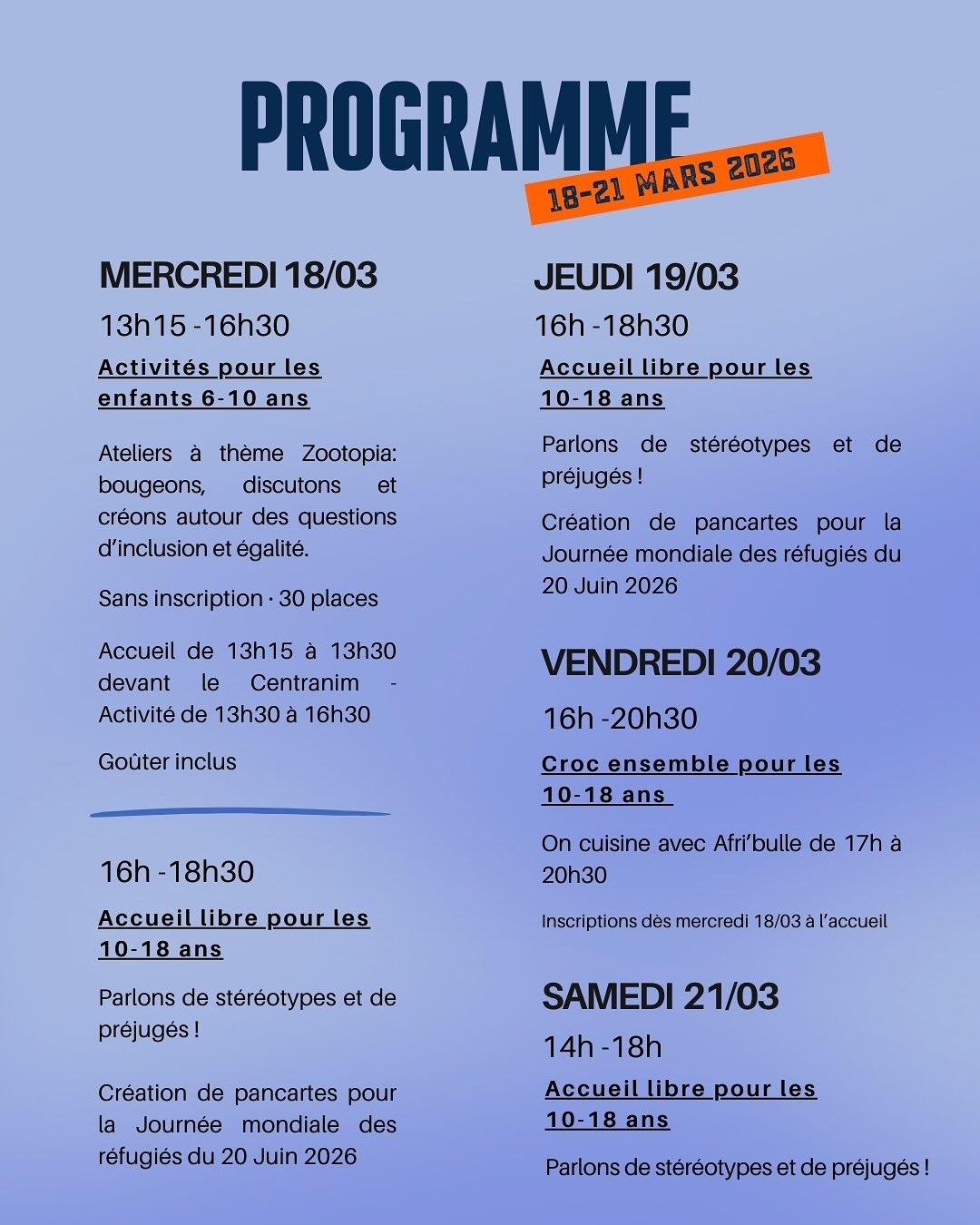 Semaine contre le racisme 🤜🏼🤛🏾
Viens discuter des stéréotypes, préjugés, respect, et participer à différentes activités dans une ambiance conviviale!
📍Centranim
🗓️ 18-21 mars 2026
👥 6-10 ans et 10-18 ans