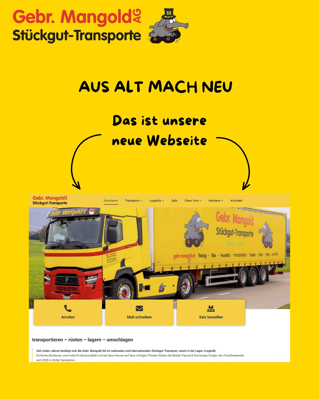 Flashback Friday 🥁 (oder eher Future-Friday? 👀)
Wir sind online! Unsere uralte Webseite wurde überarbeitet und ist endlich up to date. ✅ Unter www.gebr-mangold.ch könnt ihr euch das Ergebnis anschauen. 💻
Merci an AWeb Informatik Olten & @finja.basan 🙌🏼
#flashbackfriday#futurefriday#gebrmangoldag#checkitout