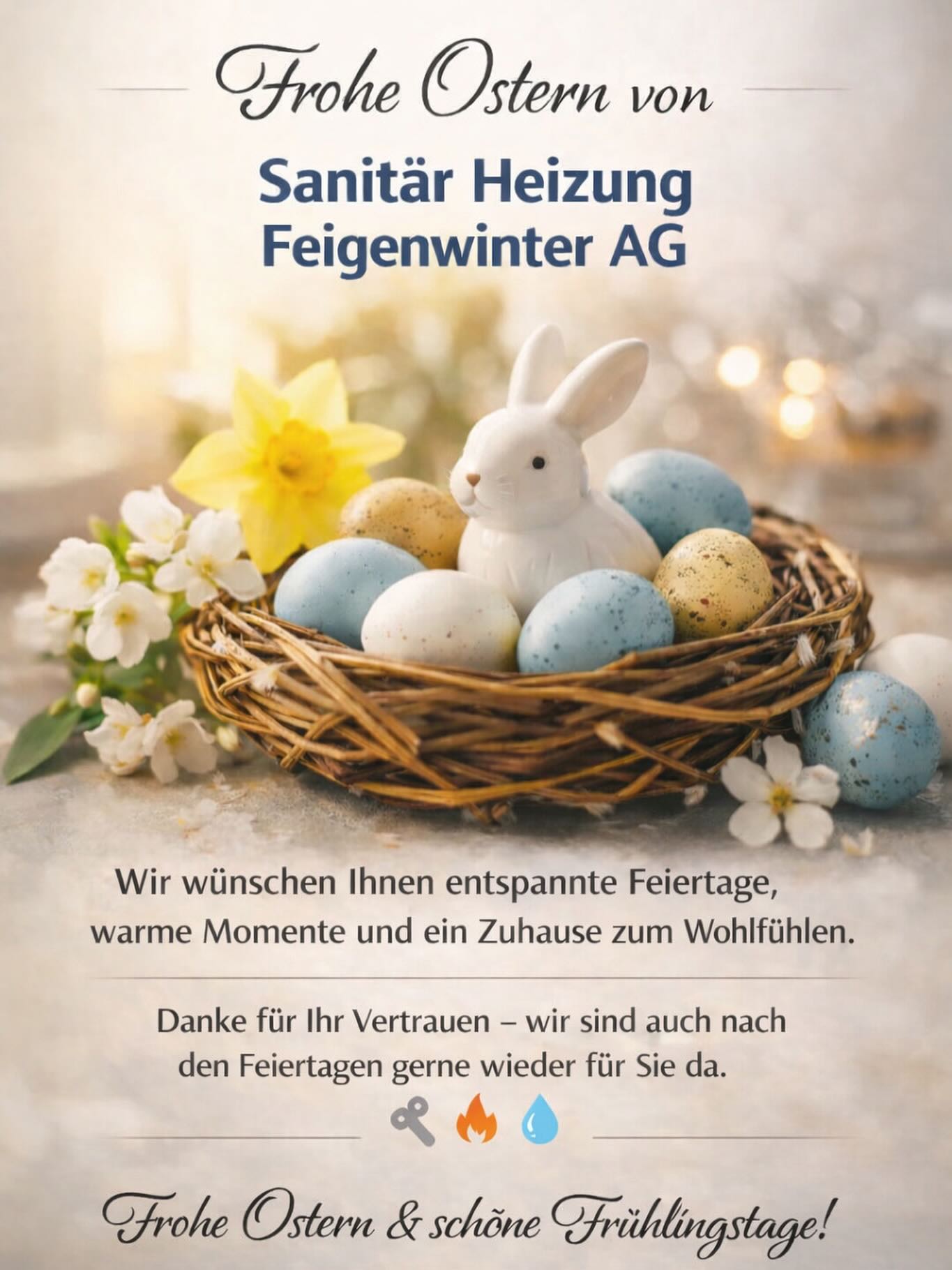 🐣🌷 Frohe Ostern von Sanitär-Heizung Feigenwinter AG 🌷🐣
Wir wünschen Ihnen entspannte Feiertage. 🐣
Genießen Sie die Osterzeit mit Ihren Liebsten und den Start in den Frühling. 🌼
Auch über die Feiertage sind wir natürlich für Sie da:
🔧 Pikettdienst 24/7
📞 061 711 99 04
Ob Heizung, Sanitär oder dringende Reparaturen wir helfen schnell und zuverlässig.
Danke für Ihr Vertrauen und frohe Ostern!
Ihr Team der Sanitär Heizung Feigenwinter AG
#Feigenwinter #Sanitär #Heizung #Ostern #Pikettdienst