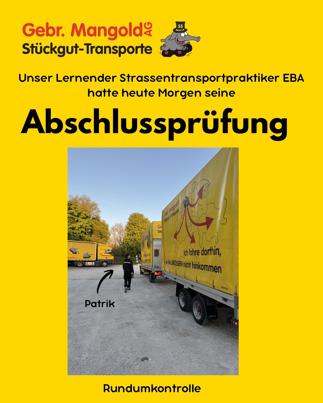 Betriebliche Abschlussprüfung: Check! ✅
Ein wichtiger Schritt auf deinem Weg zum Strassentransportpraktiker EBA ist gemeistert. Wir sind stolz auf Dich, Patrik. 👏 🐘
👉 Die Lernenden von heute sind die Profis von morgen. 🚚
#strassentransport #transportundlogistik #ausbildung #gebrmangoldag