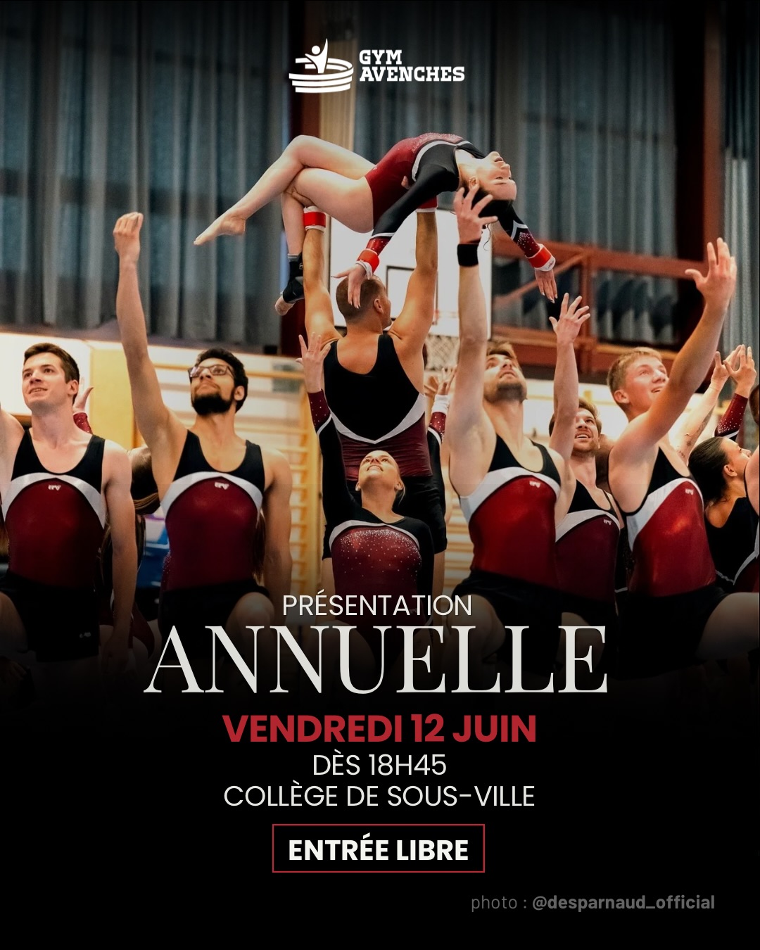 La fin de la saison approche ! 🤸♀️✨
Vendredi 12 juin, nos gymnastes, petits et grands vous présenteront le fruit d’une année de travail, de passion et d’efforts. Spectacle garanti !
📅 Vendredi 12 juin
🕐 Dès 18h45
📍 Collège de Sous-Ville, Avenches
🎟️ Entrée libre
🥂 Verre de l’amitié à l’issue du spectacle
On compte sur vous pour venir soutenir
nos gymnastes !
Likez ❤️ et partagez 🔁 !
📸 @desparnaud_official & @yannallisson