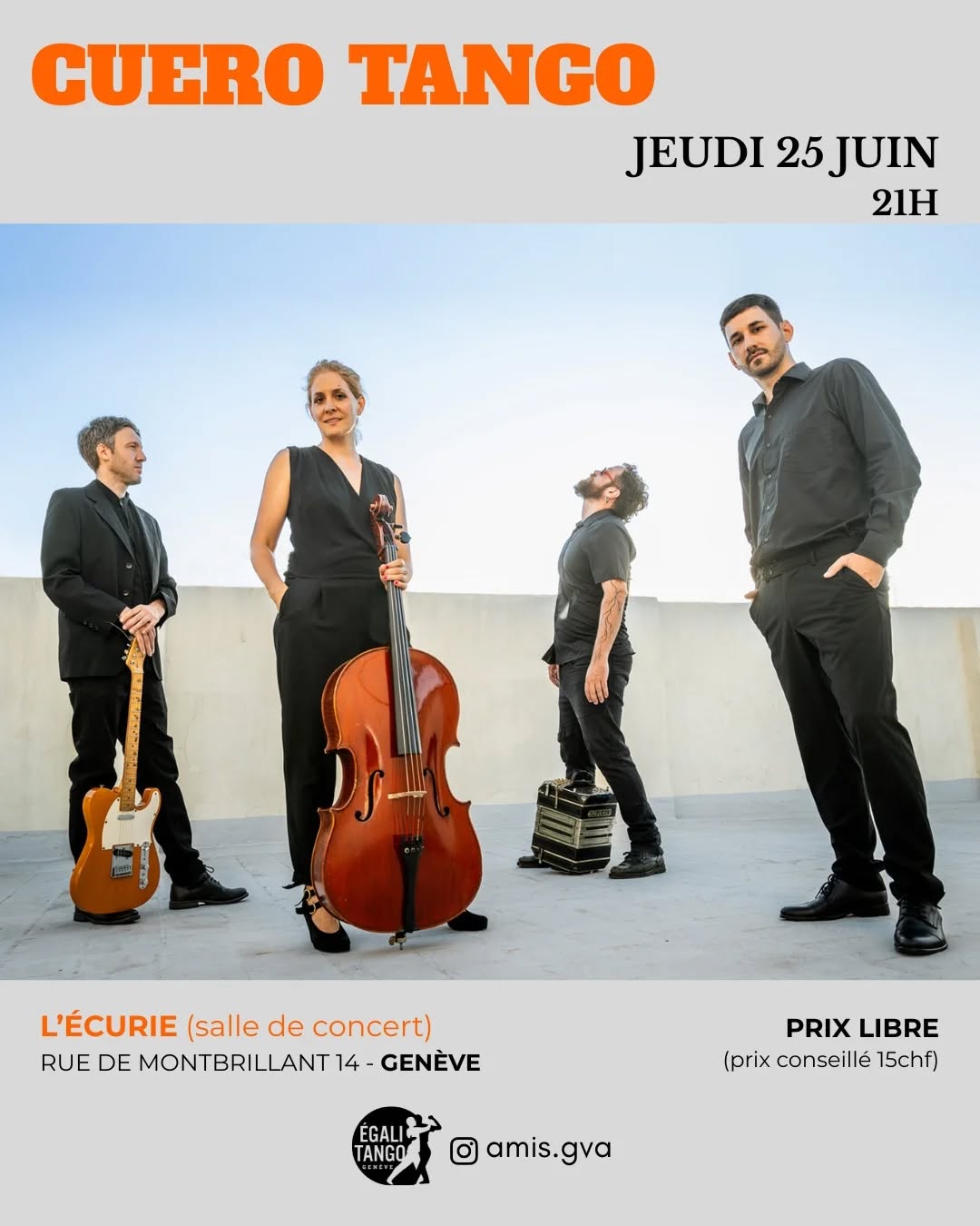 A vos agendas jeudi 25 juin avant notre dernier cours du 30 juin avec Hernán, on fait une nouvelle soirée à L’Écurie avec un cuarteto CUERO Tango @cuero.tango . Ce groupe s'inscrit à l'avant-garde du mouvement « Tango du XXIe siècle ». Leur démarche artistique dépasse délibérément la simple répétition des classiques incontournables. Au contraire, CUERO se consacre à des compositions originales qui reflètent l'identité complexe du Buenos Aires d'aujourd'hui — une métropole où les contrastes sonores et la dynamique urbaine fusionnent en une unité nouvelle et fascinante.
Dans cette formation singulière réunissant Ignacio Santos au bandonéon, Federico Gómez au piano, Emilio Cossani à la guitare électrique et la violoncelliste Martina Greiner, naissent des textures sonores d'une rare intensité.
@nach.santos @fedgomez89 @emiliocossani
@greinma
L'ensemble sait tisser avec brio de nouvelles nuances dans la tradition du genre, sans jamais perdre l'essence de la musique populaire : une représentation sincère du présent.
Le concert sera précédé d'un cours et d'une pratique avec Valérie & Catherine sur la technique Alexander et le rythme de la milonga sur l'esplanade avec cette fois une amélioration du sol... prenez des chaussures confortables adaptées tout terrain!
@valerieloewensberg @equilibre_postural
Organisent: @egalitango @amis.gva
Accueil, son, lumières, bar: @labuvettedelecurie