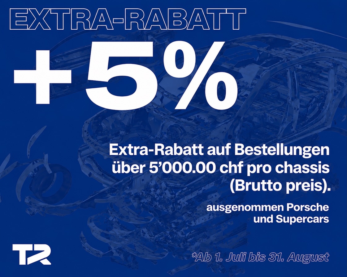 🚗 EXTRA 5 % RABATT auf Ersatzteile
Benötigen Sie Ersatzteile für Ihre Karosseriewerkstatt? Dann ist jetzt der richtige Zeitpunkt.
👉 Zusätzliche 5 % Rabatt auf Bestellungen ab CHF 5’000.– pro chassis (Listenpreis).
📅 Aktion gültig vom 1. Juli bis 31. August.
Ausgenommen Porsche sind Supersportwagen.
📦 Garantierte Original et Qualität, schnelle Lieferung und der zuverlässige Service von Ticino Ricambi.
Kontaktieren Sie uns noch heute und profitieren Sie von diesem Angebot!
#TicinoRicambi #Ersatzteile #Autoteile #carrosserie
🚗 EXTRA SCONTO +5% sui ricambi
Hai bisogno di ricambi per la tua carrozzeria? Questo è il momento giusto.
👉 Extra sconto del +5% su ordini superiori a CHF 5’000.00 per telaio (prezzo di listino).
📅 Promozione valida dal 1° luglio al 31 agosto.
Escluso Porsche e supercar.
📦 Qualità garantita, consegna rapida e il servizio affidabile di Ticino Ricambi.
Contattaci subito e approfitta della promozione!
#TicinoRicambi #autoricambi #carrozzeria #ricambiauto