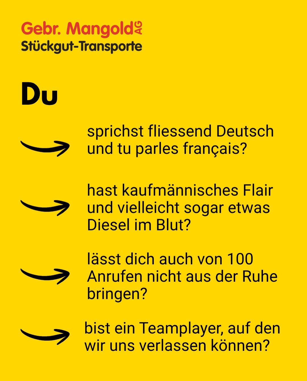 Wir erweitern unser Team und suchen nach Verstärkung! 👀
Bist du auf der Suche nach einer neuen Herausforderung? Wenn du gut Deutsch & Französisch sprichst, dich von 100 Anrufen nicht aus der Ruhe bringen lässt und Lust hast, Teil von einem tollen, familiären Team zu sein - dann bist du die richtige Person für uns! 🤩
Melde dich bei uns, damit wir uns kennenlernen können. Wir freuen uns auf dich! 🐘🚚☎️