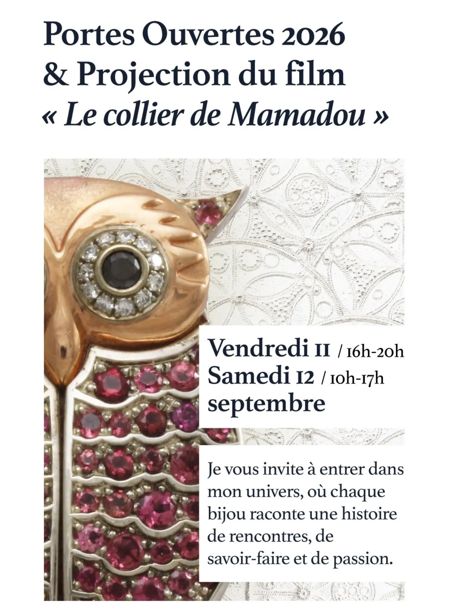 J''exposerai mes dernières créations, les bijoux issus de ma collaboration avec Mamadou.
Plusieurs projections du filme "le collier de Mamadou" (20min) sont prévues.
Des invités m'entoureront pour vous faire découvrir leur passion.
Toutes les informations sur mon siteweb, en bas de page d'accueil.
#expositionsbijoux #partage #découverte #convivialité #voyages