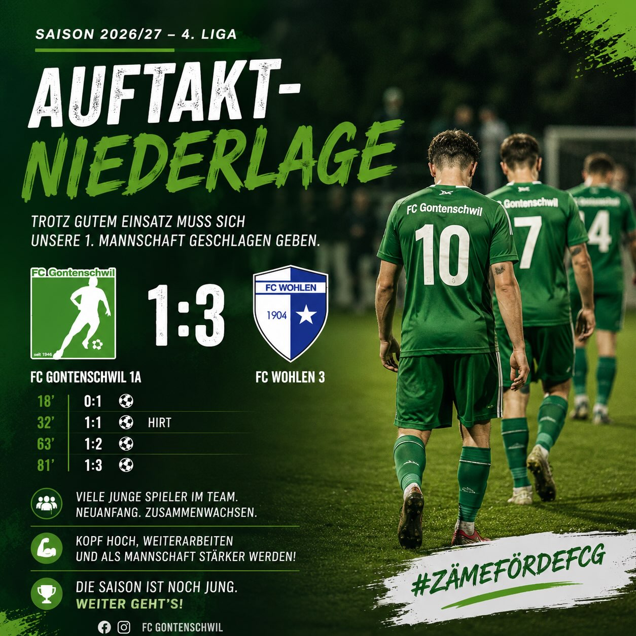 ⚽️ AUFTAKTNIEDERLAGE FÜR UNSER EIS!
Der Saisonstart ist nicht ganz nach Wunsch verlaufen. Unsere 1. Mannschaft muss sich dem FC Wohlen 3 mit 1:3 geschlagen geben.
Nach einer intensiven Vorbereitung und mit einigen jungen Spielern im Team war klar: Der Neustart braucht Zeit. 💪⚽️
Jetzt heisst es: Kopf hoch, weiterarbeiten und als Mannschaft zusammenwachsen! 💚🤍
Die Saison ist noch jung – weiter geht’s! 🔥
#FCG #FCGontenschwil #Eis #4Liga #Saisonauftakt ZämeFörDeFCG ⚽️ AUFTAKTNIEDERLAGE FÜR UNSER EIS!
Der Saisonstart ist nicht ganz nach Wunsch verlaufen. Unsere 1. Mannschaft muss sich dem FC Wohlen 3 mit 1:3 geschlagen geben.
Nach einer intensiven Vorbereitung und mit einigen jungen Spielern im Team war klar: Der Neustart braucht Zeit. 💪⚽️
Jetzt heisst es: Kopf hoch, weiterarbeiten und als Mannschaft zusammenwachsen! 💚🤍
Die Saison ist noch jung – weiter geht’s! 🔥
#FCG #FCGontenschwil #Eis #4Liga #Saisonauftakt ZämeFörDeFCG